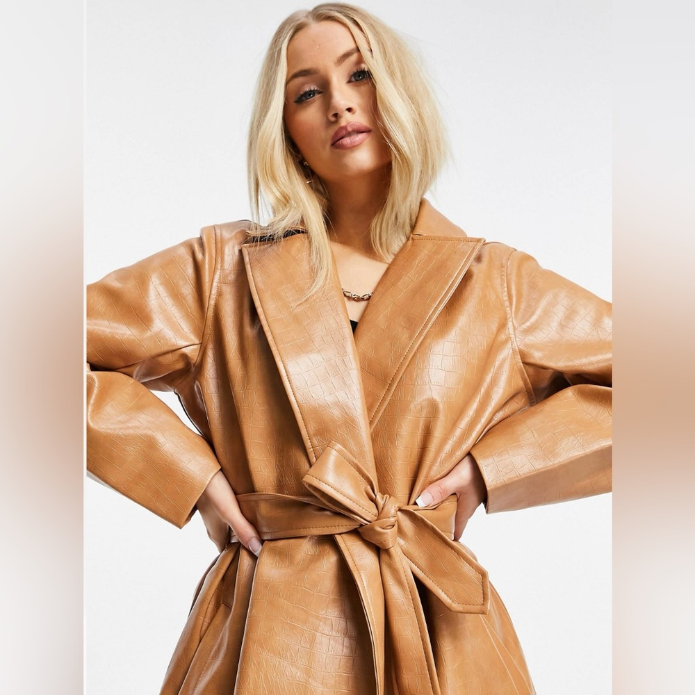 ASOS Faux Leather Snake Print Trench Belted Coat Size 10